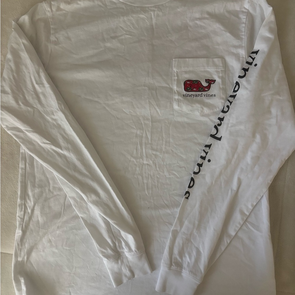 Vineyard Vines White Long Sleeve Pocket Tee with Red Whale